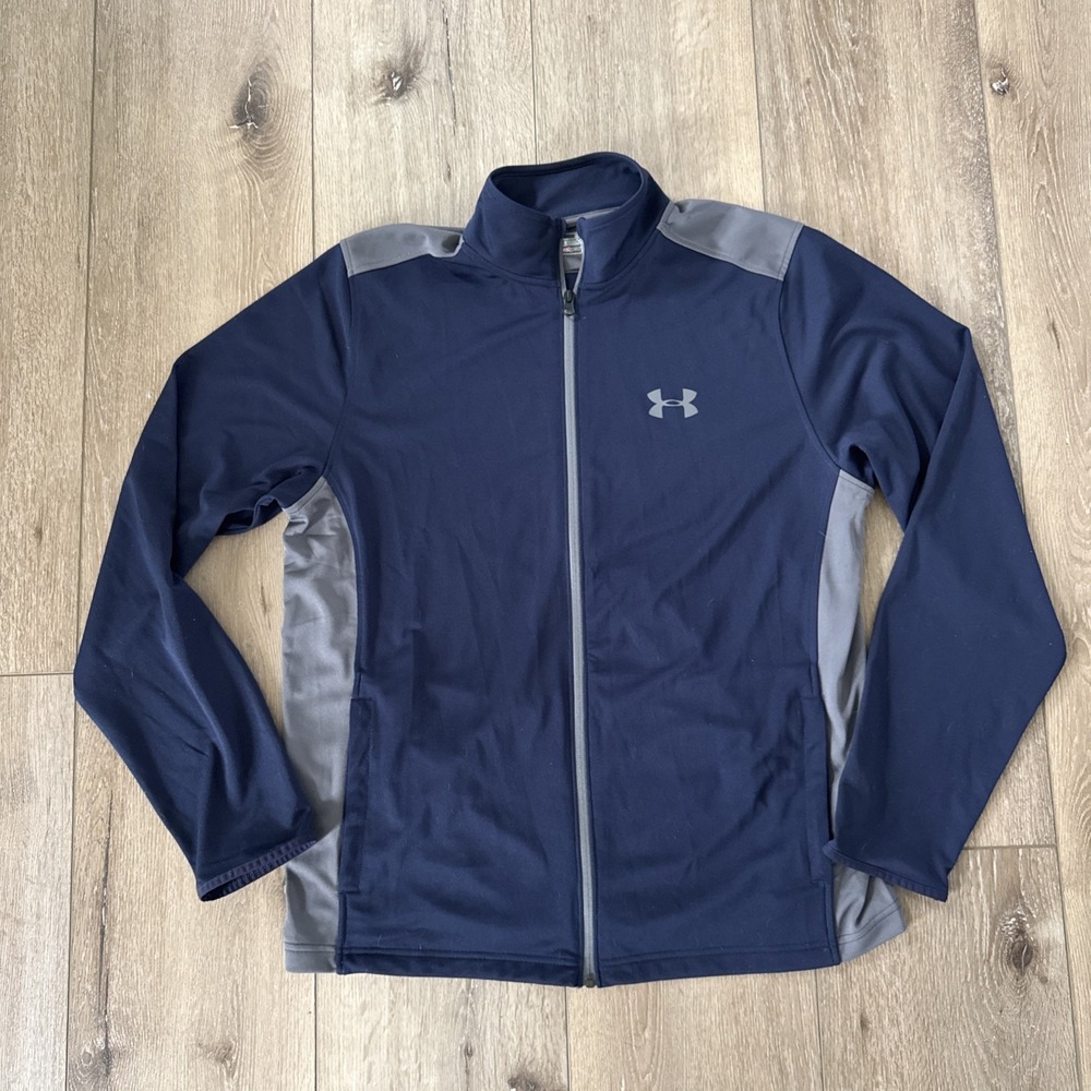 Under Armour Heatgear Loose Navy Blue Gray Full Zip Pockets Mens Sweatshirt #891